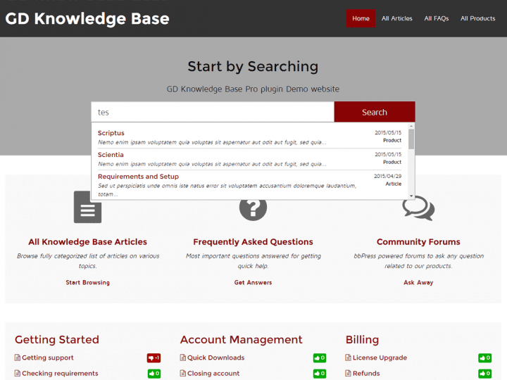 Knowledge Base front page detail with Scientia theme